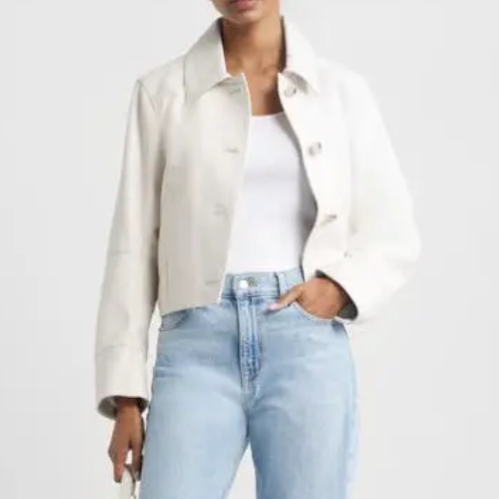 NEW Nordstrom Crop Leather Jacket in Ivory Tofu Small